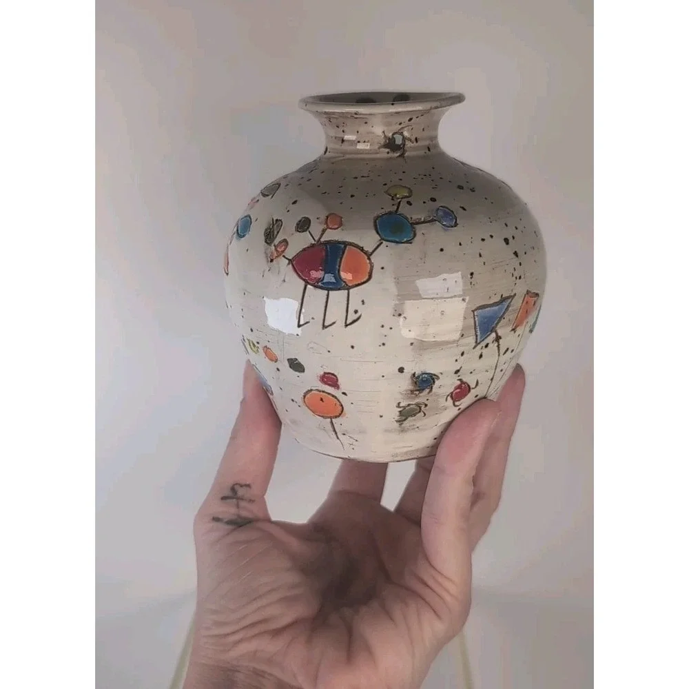 Glazed Handmade Pot/Vase Colorful Design Signed & Dated Contemporary, Cute Bugs?